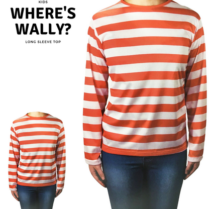 KIDS Red and White Striped Top Wheres Wally Wenda Waldo Shirt Costume Party Book Week - Medium (7-9 Years Old)