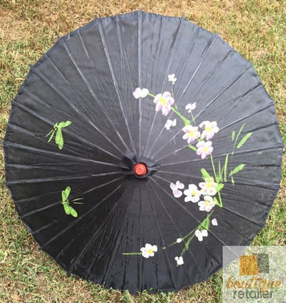 PARASOL UMBRELLA Chinese Japanese Bamboo Flower Pattern Fabric 80cm Diameter - Black