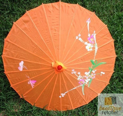 PARASOL UMBRELLA Chinese Japanese Bamboo Flower Pattern Fabric 80cm Diameter - Orange