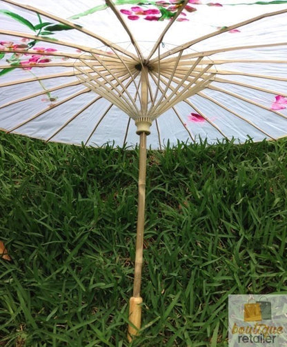 PARASOL UMBRELLA Chinese Japanese Bamboo Flower Pattern Fabric 80cm Diameter - White