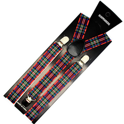 Mens Suspenders Braces Adjustable Strong Clip On Elastic Formal Wedding Slim - Tartan 2