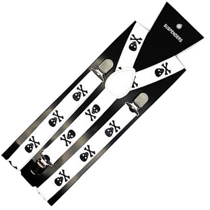 Mens Suspenders Braces Adjustable Strong Clip On Elastic Formal Wedding Slim - White with Black Skulls