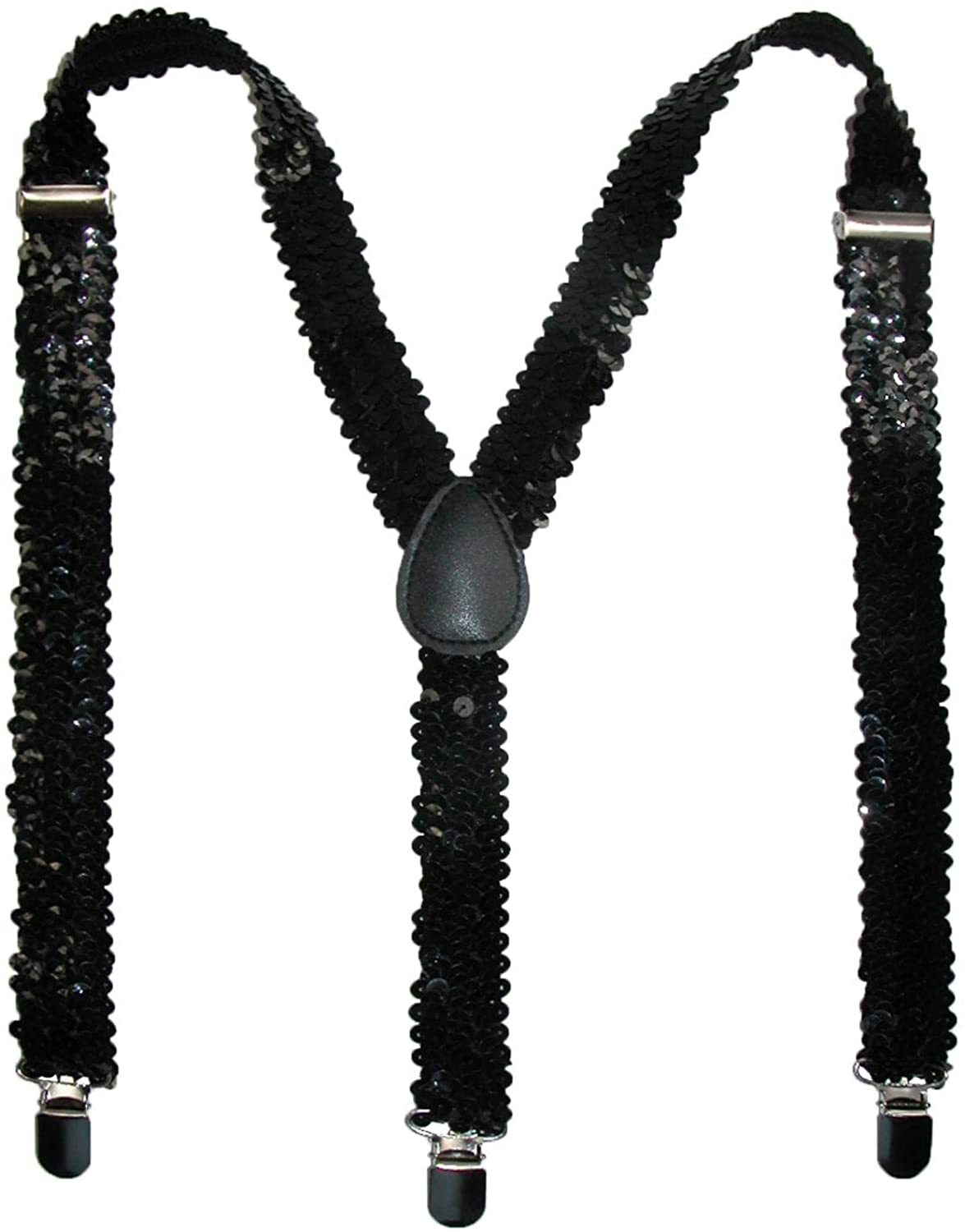 SEQUIN SUSPENDERS Unisex Adjustable Braces Clip On Elastic Y-Back  - Black