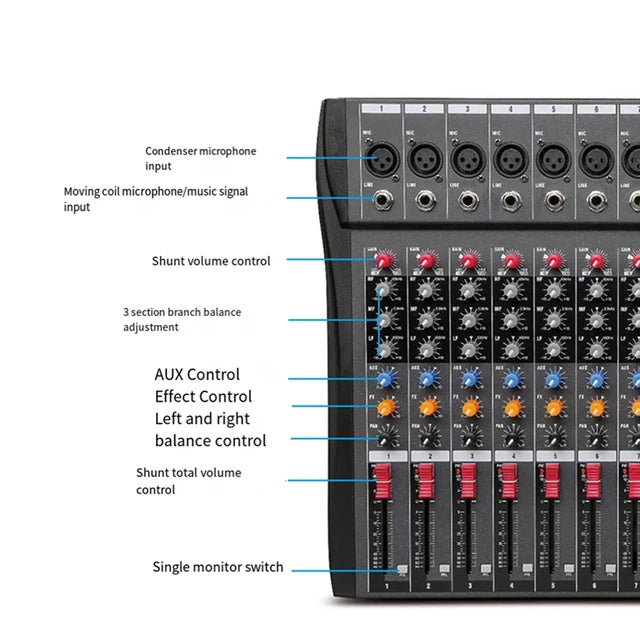 Hridz CT-80S Professional Audio Mixer – 8 Channels Bluetooth USB Mixer with Effects, 48V Phantom Power, and Built-in Sound Card, 8 Channels Audio Sound Mixer Mixing DJ Console USB with 48V Phantom Power