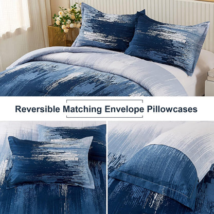 Ombre Blue Comforter Set, King Size, Gradient Blue Grey 3-Piece Boho Bedding