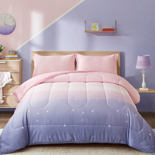 Girls Comforter Set, King Size, Ombre Pink Purple Rainbow 3-Piece Bedding Collection