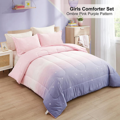 Girls Comforter Set, King Size, Ombre Pink Purple Rainbow 3-Piece Bedding Collection