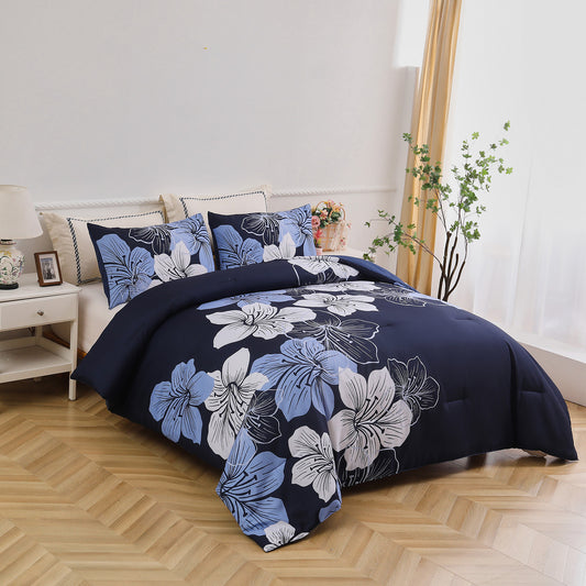 King Comforter Set, Navy Blue Floral 3-Piece Bedding, Soft Microfiber for All Seasons