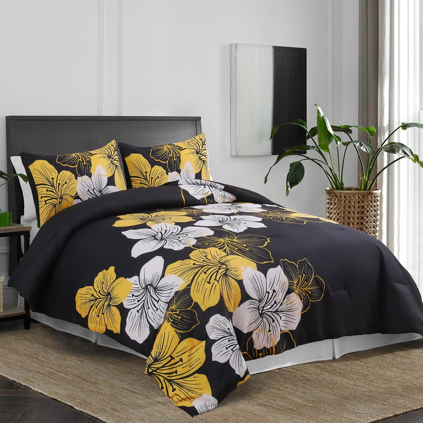 King Comforter Set, Black/Gold Floral 3-Piece Bedding, Soft Microfiber for All Seasons