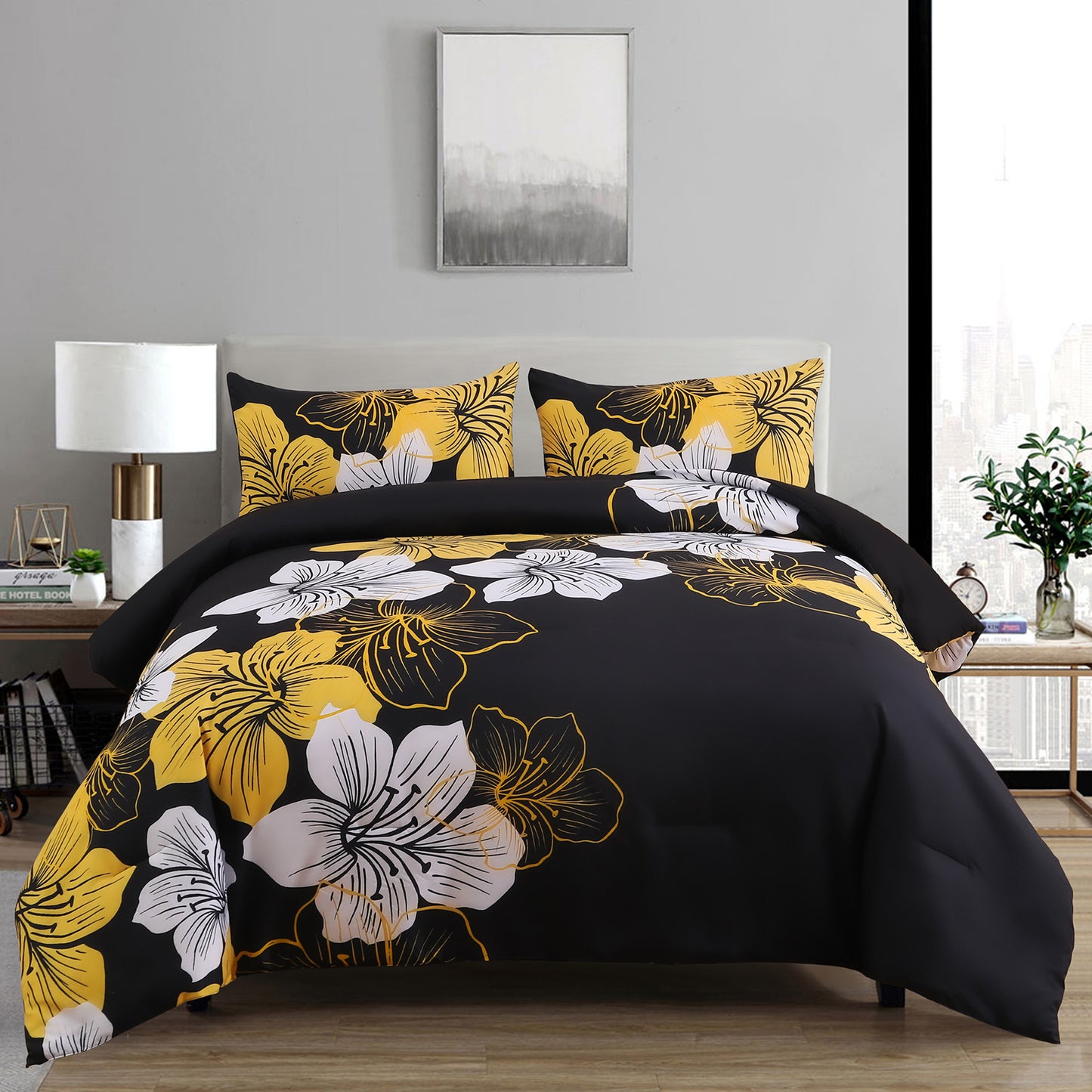 King Comforter Set, Black/Gold Floral 3-Piece Bedding, Soft Microfiber for All Seasons