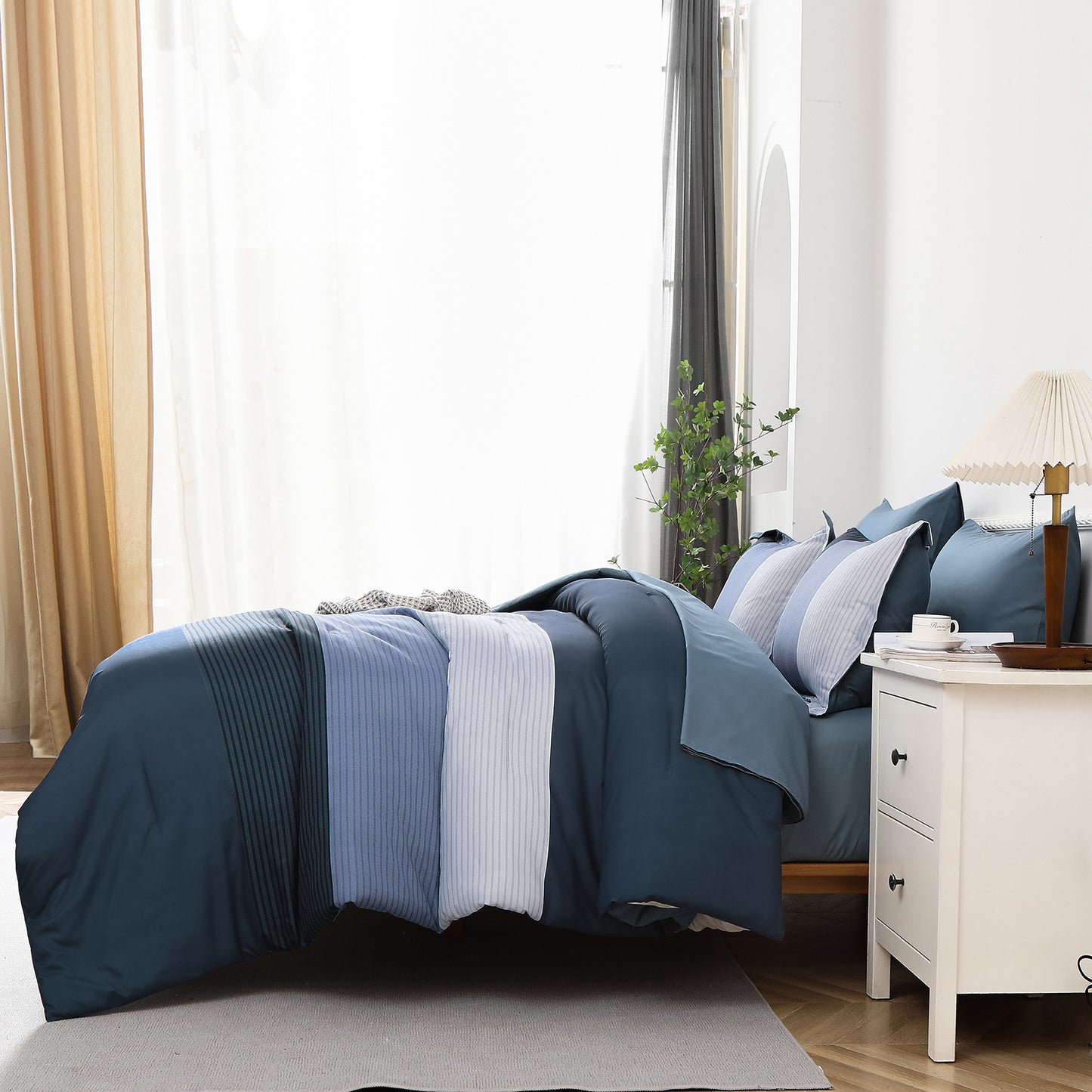 Navy Blue Comforter Set, King Size, Striped 3-Piece Bedding Collection