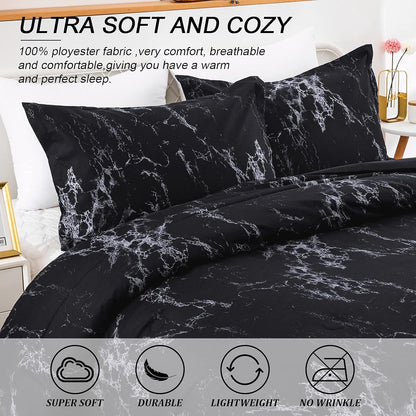 Queen Black Marble Comforter Set, Bedding for All Seasons, 3-Piece Set