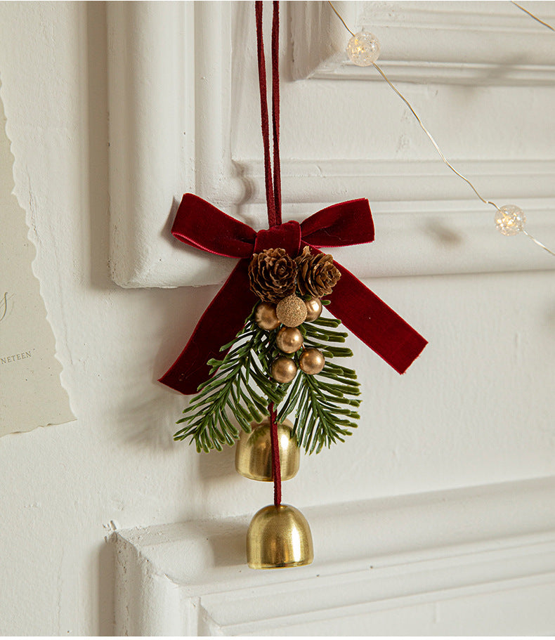 Christmas Hanging Ornament with Pinecones, Bells, and Velvet Bow - 14x10cm Festive Decoration(3 PCS)