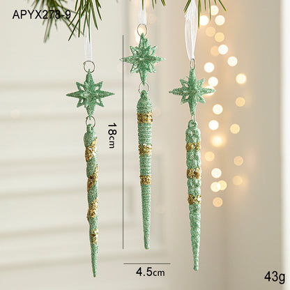 Green Glitter Icicle Christmas Ornaments with Star Tops - Set of 3 Hanging Decorations（5 set in total）