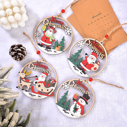 Set of 4 Wooden Christmas Hanging Ornaments – Santa, Snowman, and Reindeer Decorations （2 set, 8 pieces in total)）