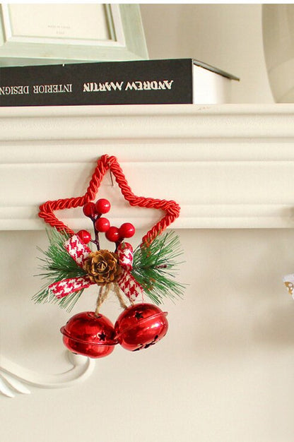 Red Star Christmas Ornament with Bells and Pinecone - Holiday Wreath Decoration 10 pieces