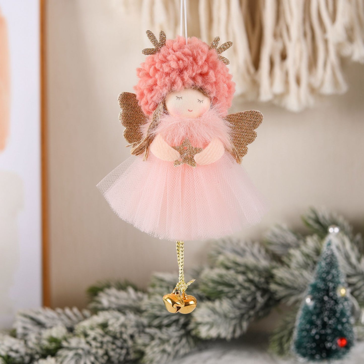 Gold and White Angel Ornament with Bells and Glitter Wings - Christmas Hanging Decoration 16*10*5cm Pink colour (5 pieces)