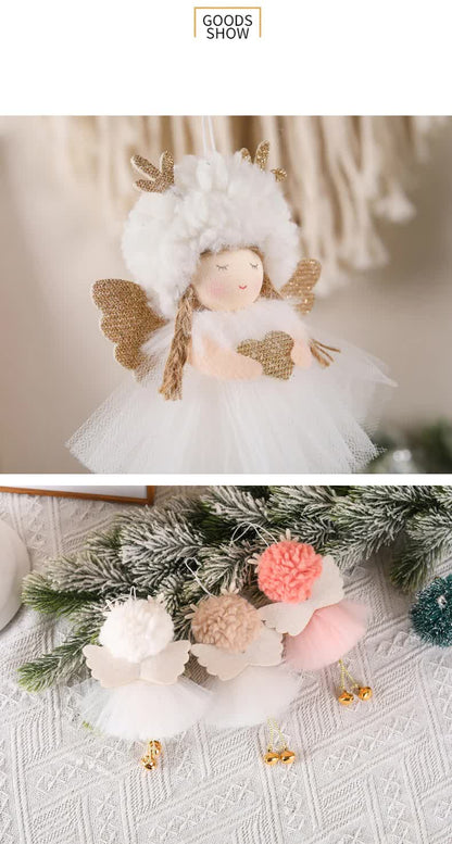 Gold and White Angel Ornament with Bells and Glitter Wings - Christmas Hanging Decoration 16*10*5cm Pink colour (5 pieces)