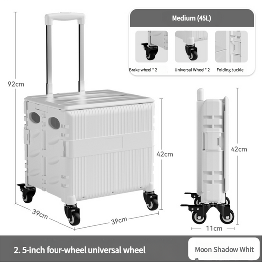 Foldable Rolling Storage Cart with Telescopic Handle - Large Capacity, Portable Utility Box  45L white