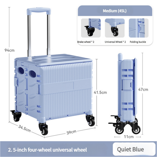 Foldable Rolling Storage Cart with Telescopic Handle - Large Capacity, Portable Utility Box  45L blue