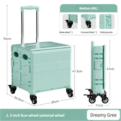 Foldable Rolling Storage Cart with Telescopic Handle - Large Capacity, Portable Utility Box  45L blue