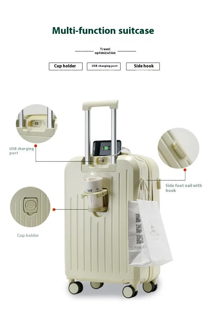 Smart Carry-On Luggage with Cup Holder & USB Charging Port - White Color Spinner Suitcase for Travel Convenience  24 inch