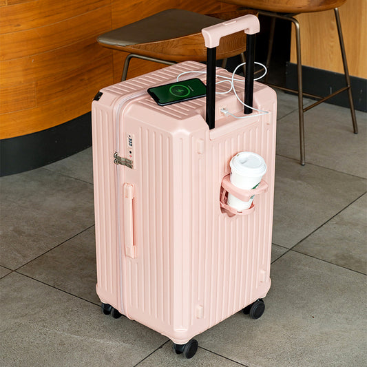 Smart Hard-Shell Luggage with USB Charging Port & Cup Holder - 24"Spinner Suitcase in Pink