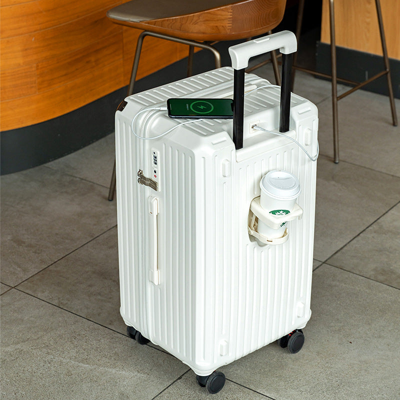 Smart Hard-Shell Luggage with USB Charging Port & Cup Holder - 24"Spinner Suitcase in White