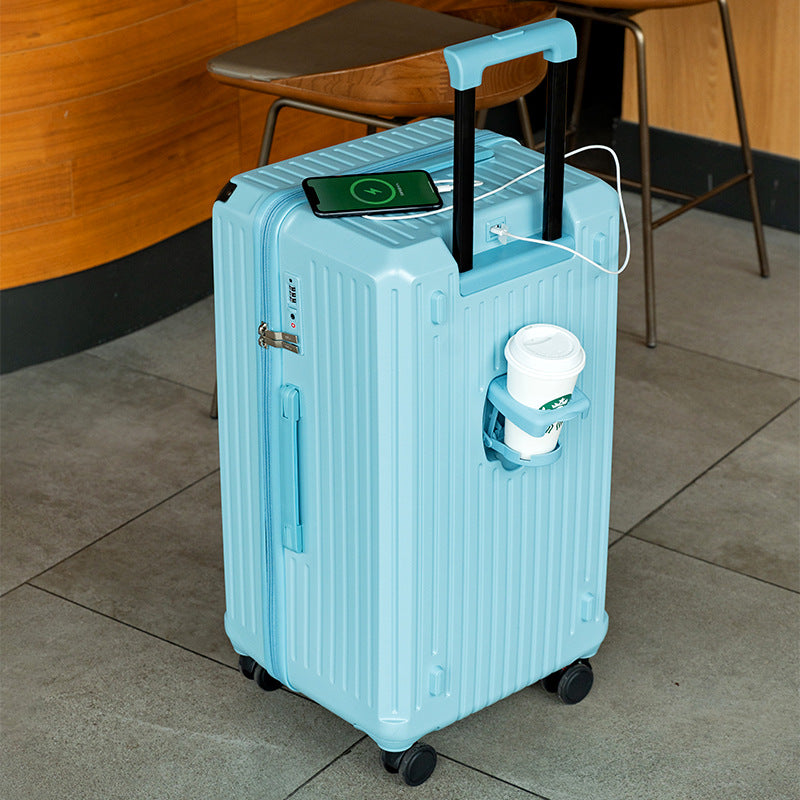 Smart Hard-Shell Luggage with USB Charging Port & Cup Holder - 20"Spinner Suitcase in Blue