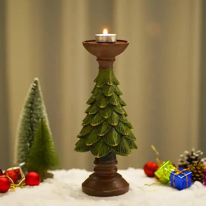 Christmas Tree Candle Holder - Rustic Resin Pillar Stand, 12cm Festive Decoration