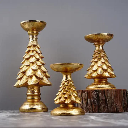 Gold Christmas Tree Candle Holder - Elegant Resin Pillar Stand, 12cm Festive Decoration