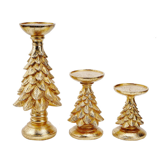 Set of 3 Gold Christmas Tree Candle Holders - Festive Resin Pillar Stands, Elegant Holiday Decor