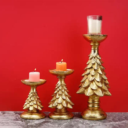 Set of 3 Gold Christmas Tree Candle Holders - Festive Resin Pillar Stands, Elegant Holiday Decor