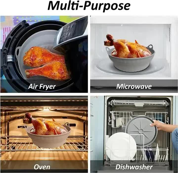 3D Square Air Fryer Silicone Liners - Food-Grade, Non-Stick, Reusable Basket Mats for Air Fryers, Ovens, and Microwaves (4 PCS Gray)