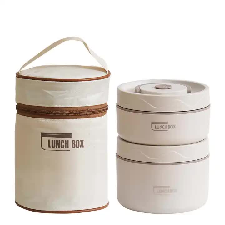 Beige 304 Stainless Steel Microwave-Safe Lunch Box Set (2-Pack) with Insulated Bag, Removable liner, 400+600ML