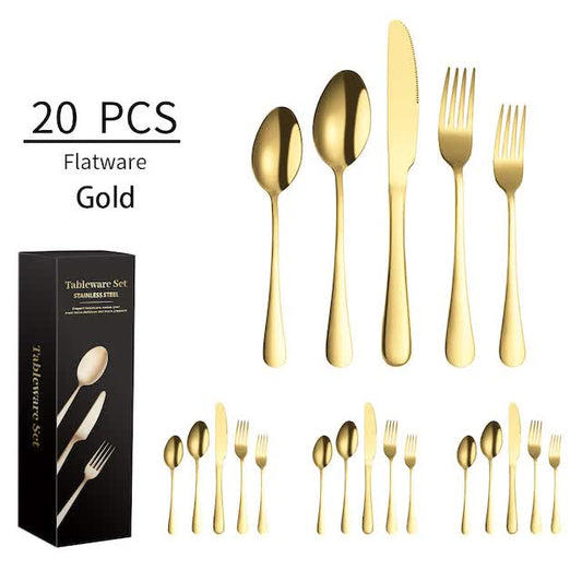 Gold 410 Stainless Steel Cutlery Set - Western Steak Knife, Fork & Spoon Set, 4 Set/20-Piece Dinnerware Set