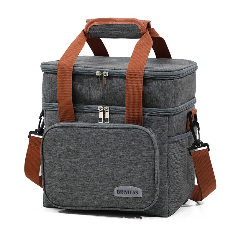 Grey Large Capacity Lunch Bag - Dual-Layer Insulated Cooler Bag for Outdoor, Picnic, and Work Use