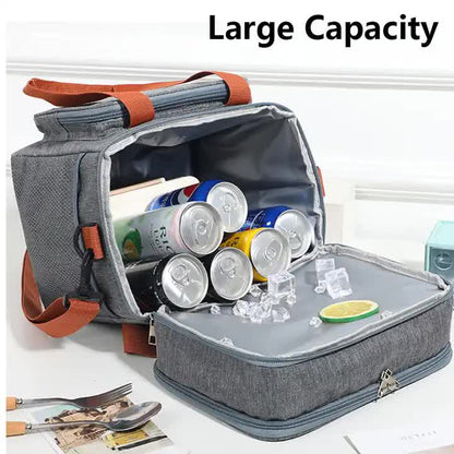 Grey Large Capacity Lunch Bag - Dual-Layer Insulated Cooler Bag for Outdoor, Picnic, and Work Use