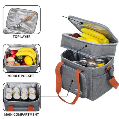 Grey Large Capacity Lunch Bag - Dual-Layer Insulated Cooler Bag for Outdoor, Picnic, and Work Use