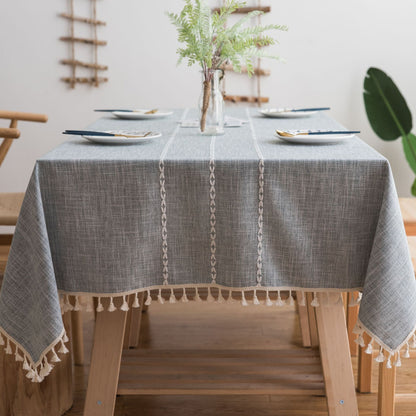 140cm*90cm Grey Striped Cotton Linen Embroidered Tassel Tablecloth - European & American Pastoral Style for Restaurants