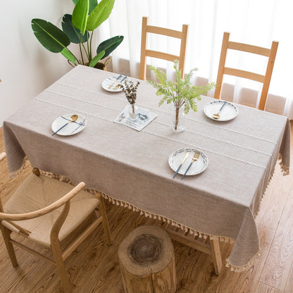 160*100cm Beige Striped Cotton Linen Embroidered Tassel Tablecloth - European & American Pastoral Style for Restaurants