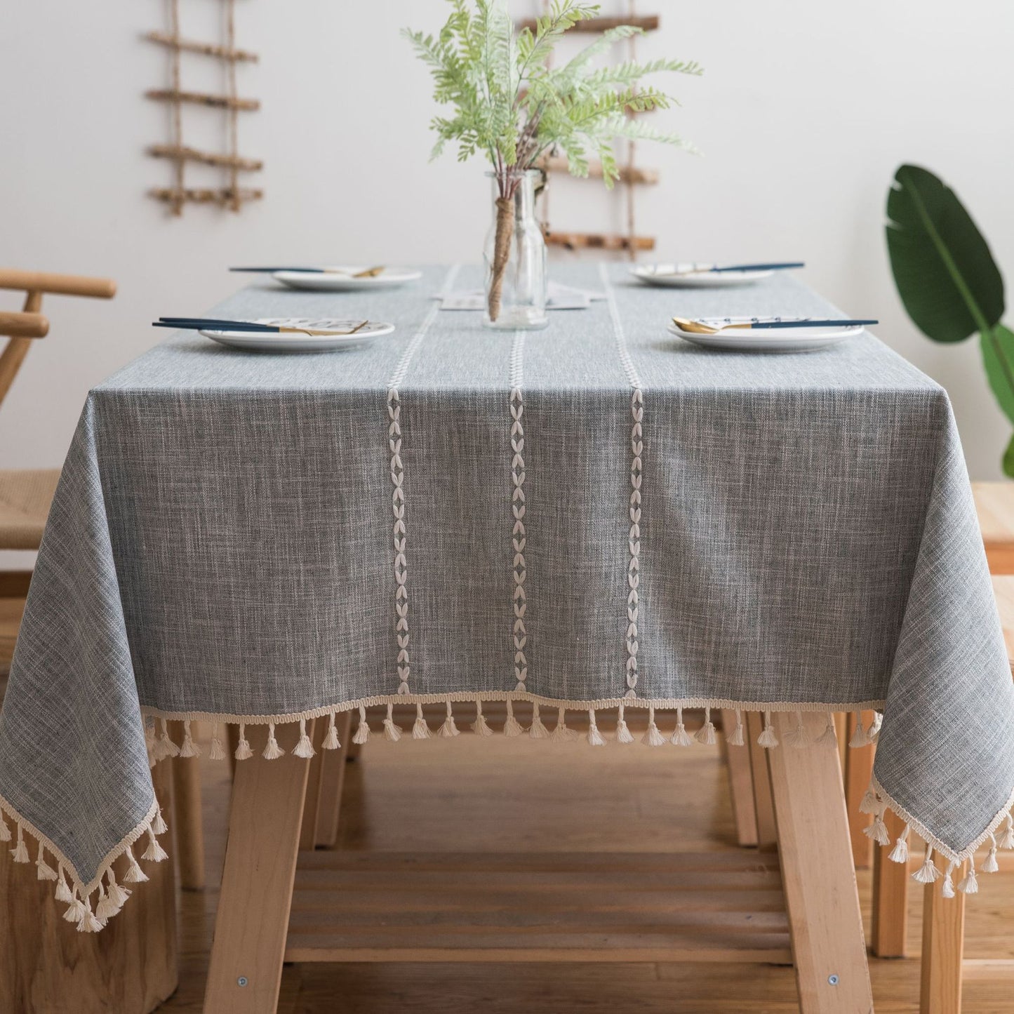 160*100cm Beige Striped Cotton Linen Embroidered Tassel Tablecloth - European & American Pastoral Style for Restaurants