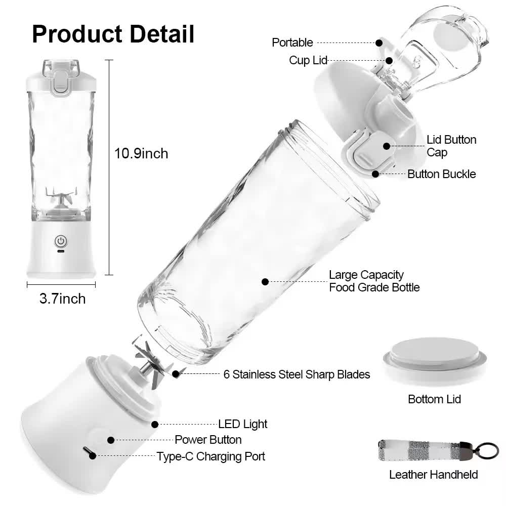 Black 600ml Large Capacity Juicer Cup - Rechargeable Portable Multifunctional Ice Crushing & Fruit Blender