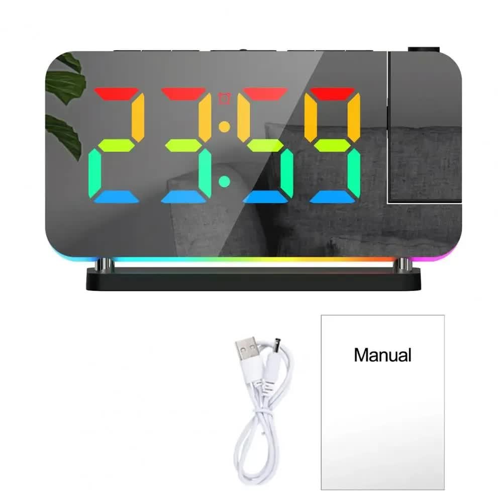 Black RGB LED Projection Alarm Clock, Multi-Color Night Light with Snooze Function, Home Decor Digital Clock