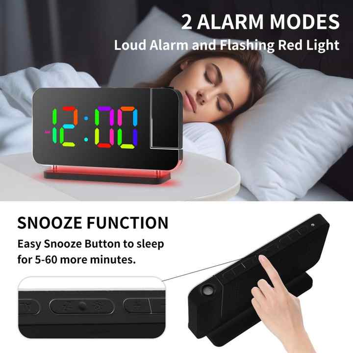 Black RGB LED Projection Alarm Clock, Multi-Color Night Light with Snooze Function, Home Decor Digital Clock