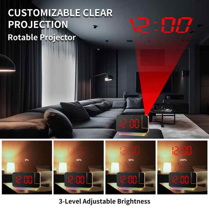 Black RGB LED Projection Alarm Clock, Multi-Color Night Light with Snooze Function, Home Decor Digital Clock