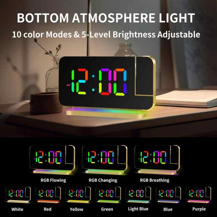 Black RGB LED Projection Alarm Clock, Multi-Color Night Light with Snooze Function, Home Decor Digital Clock