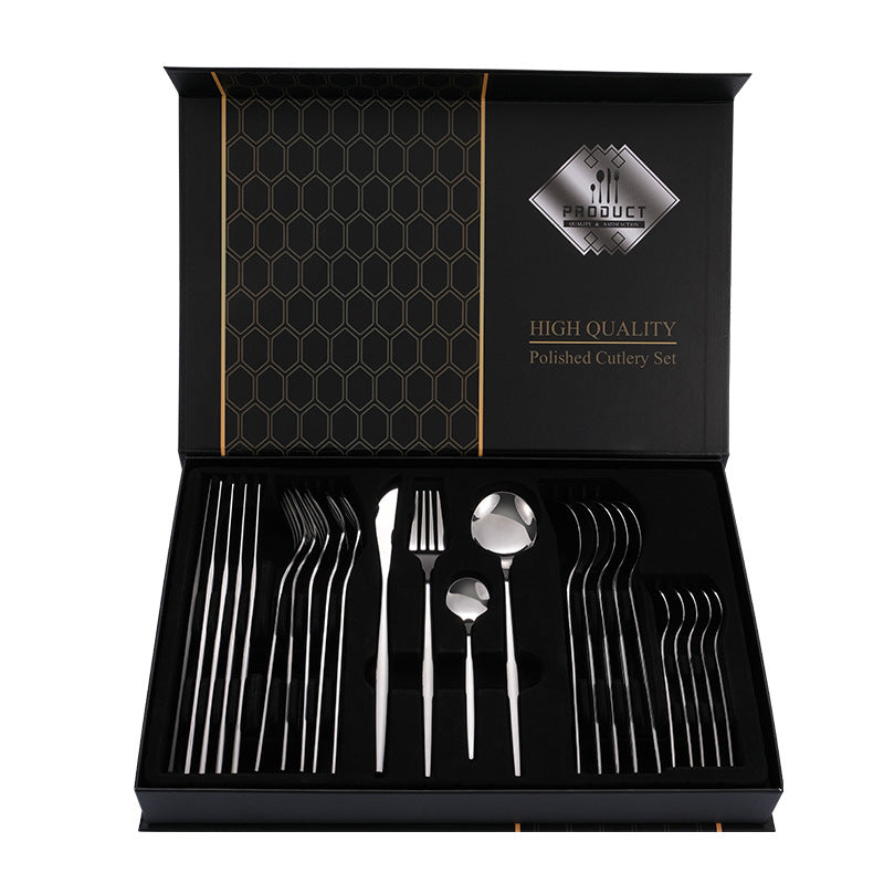 Silver Color Premium 24-Piece Stainless Steel Cutlery Set – Elegant Golden Steak Knife, Fork, and Spoon Set in Luxury Gift Box