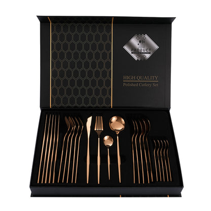 Rose Gold Color Premium 24-Piece Stainless Steel Cutlery Set - Elegant Golden Steak Knife, Fork, and Spoon Set in Luxury Gift Box