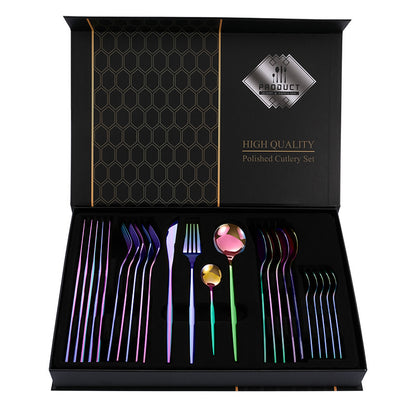 Colorful Color Premium 24-Piece Stainless Steel Cutlery Set - Elegant Golden Steak Knife, Fork, and Spoon Set in Luxury Gift Box